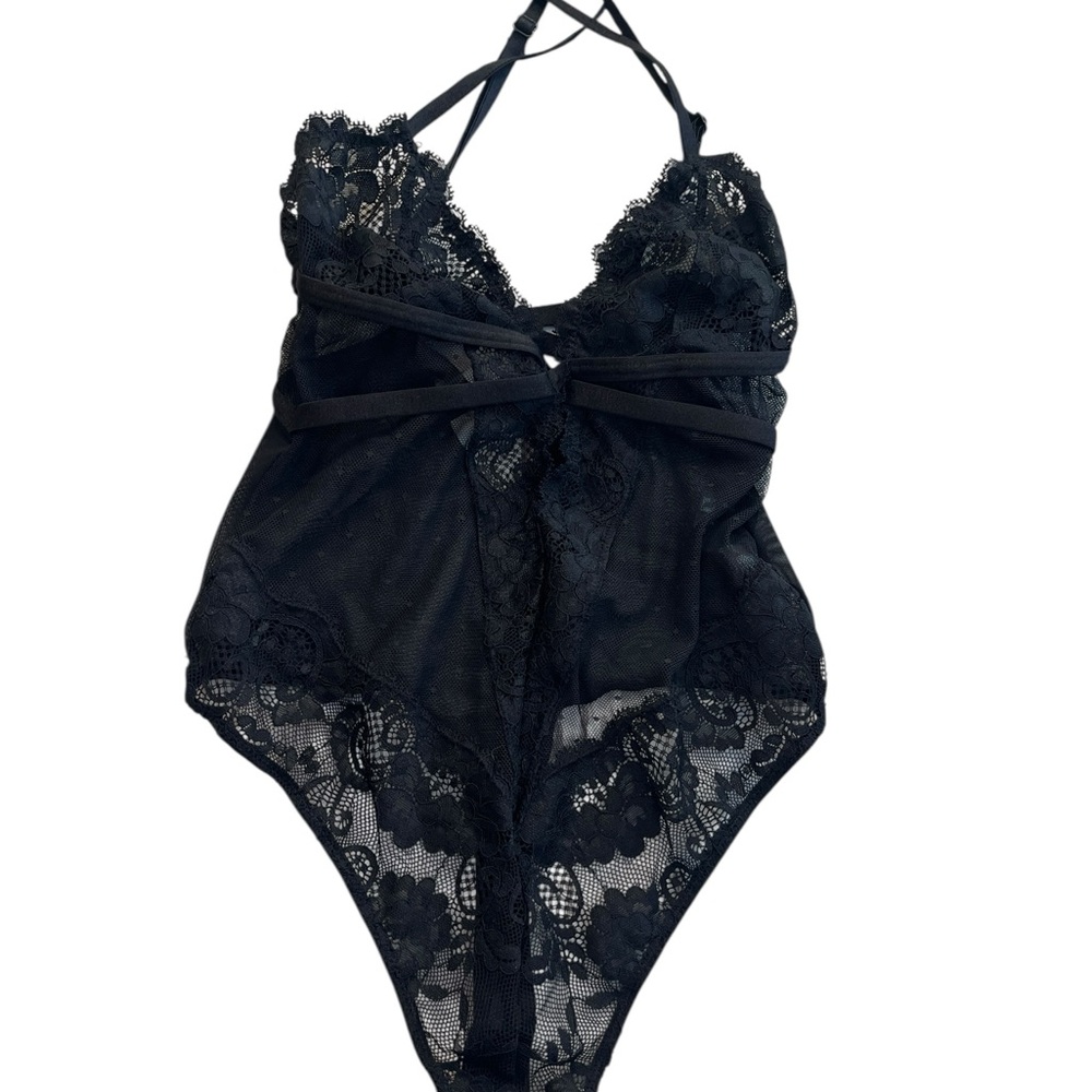 ASOS Design Black Lace Bodysuit Womens US 2 Sheer Floral Thong Back
